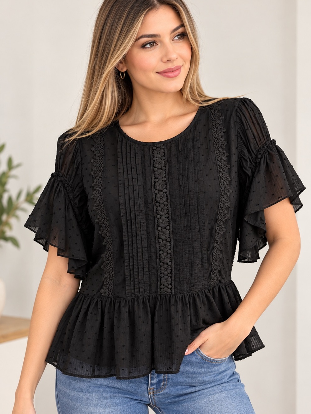 Jennifer& Grace Boho Ruffle Swiss Dot Blouse - Black Size Small